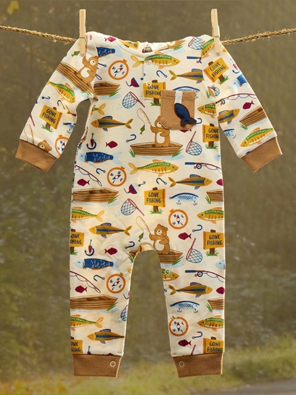 Baby Starters Hooded One-Piece Bodysuit fishing print size 6 months